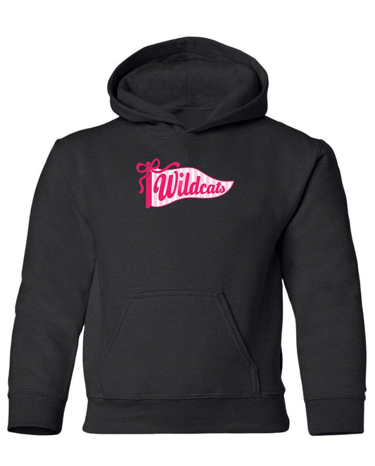 A black hooded sweatshirt with a pink and white logo on the front.