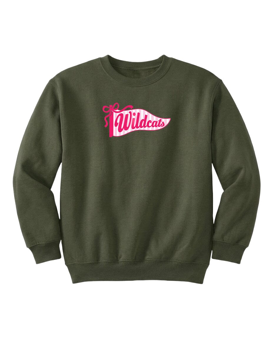 A dark green sweatshirt with a pink and white logo that says "Wildcats".