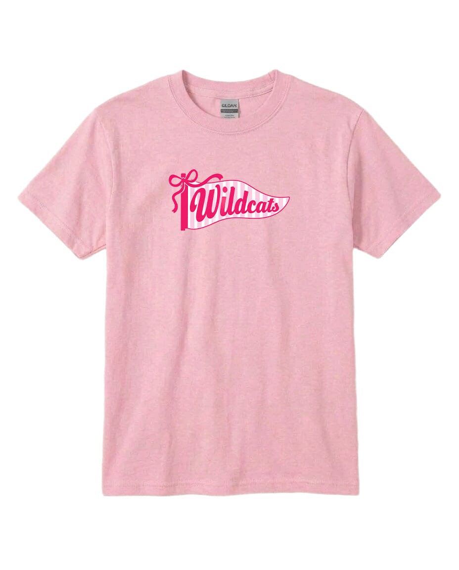 A pink t-shirt with the text "Wildcats" printed on it.