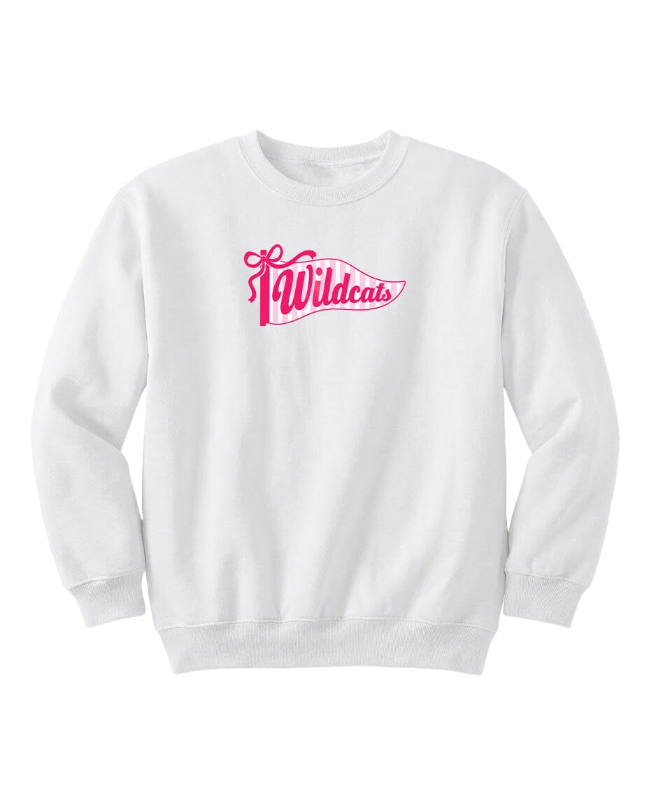A white sweatshirt with a pink logo on the front.