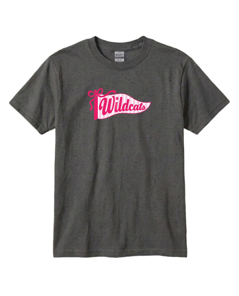 A gray t-shirt with a pink graphic design featuring the text "Wildcats" on it.