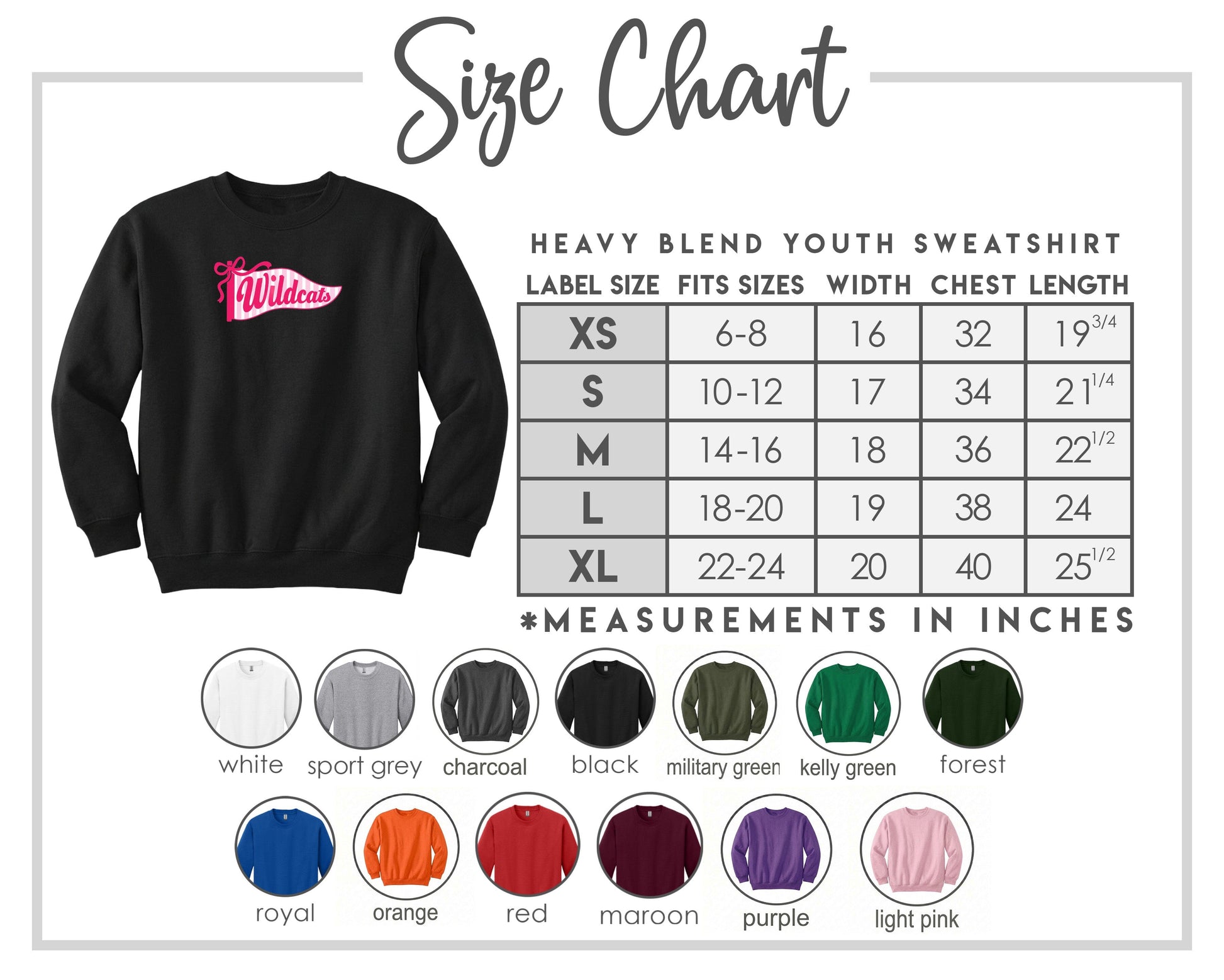 The image is a size chart for a heavy blend youth sweatshirt, including various color options and corresponding measurements in inches.