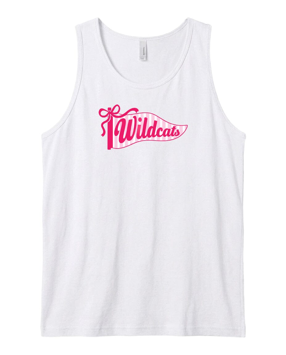 A white tank top with a pink graphic design featuring the word "Wildcats" in a stylized font.