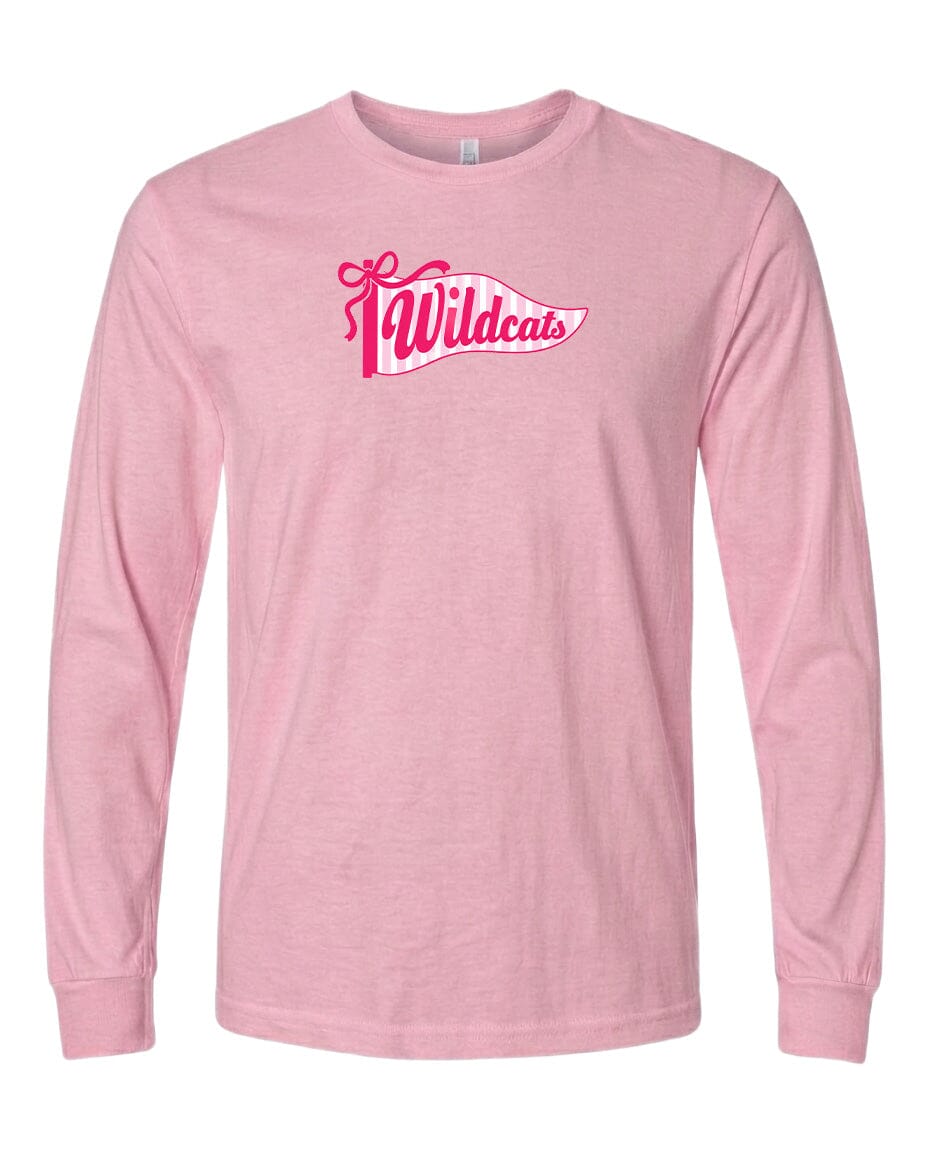 A pink long-sleeved t-shirt with a graphic design featuring the text "Wildcats" in a stylized font.