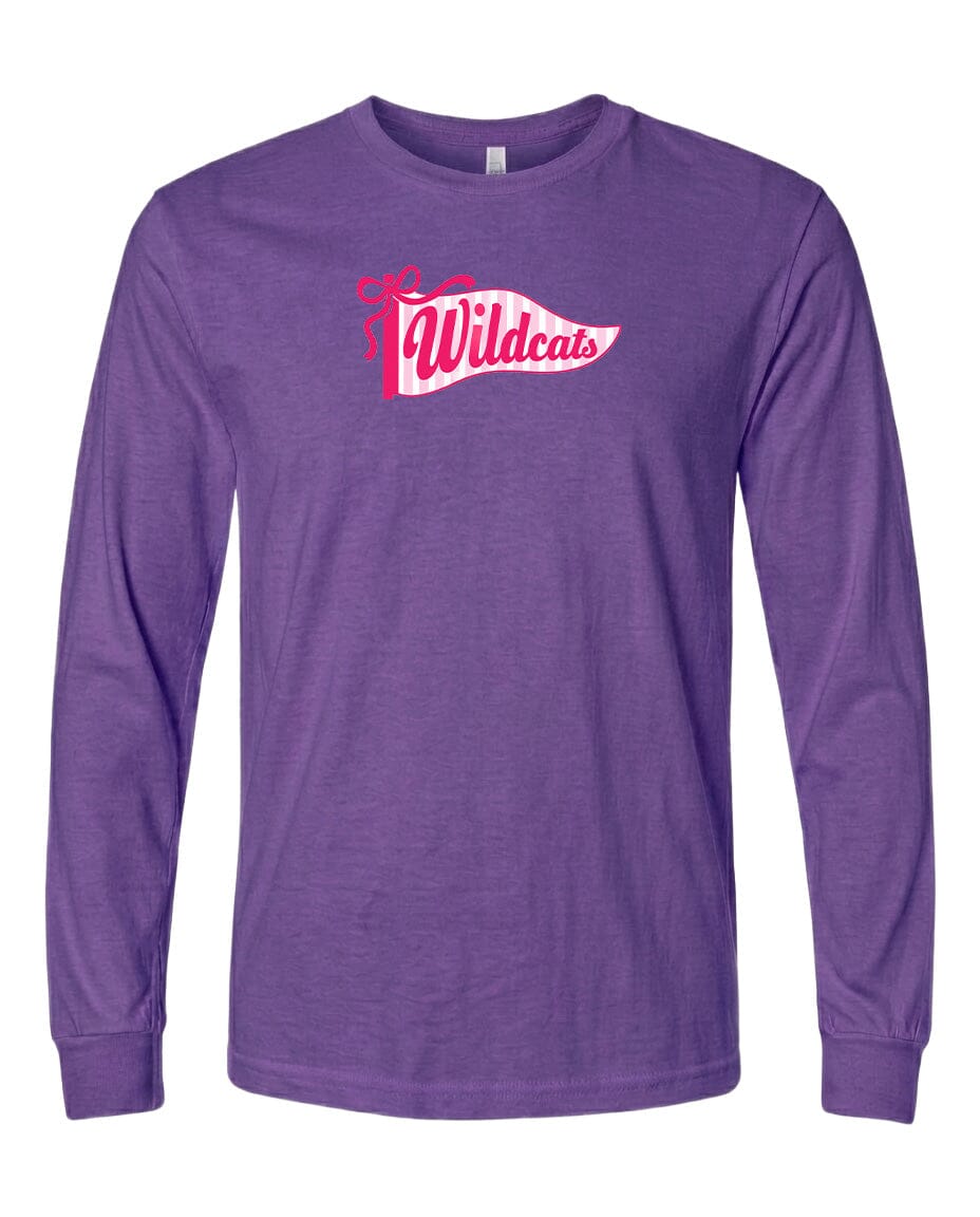 A purple long-sleeved t-shirt with a pink and white graphic design on the front.