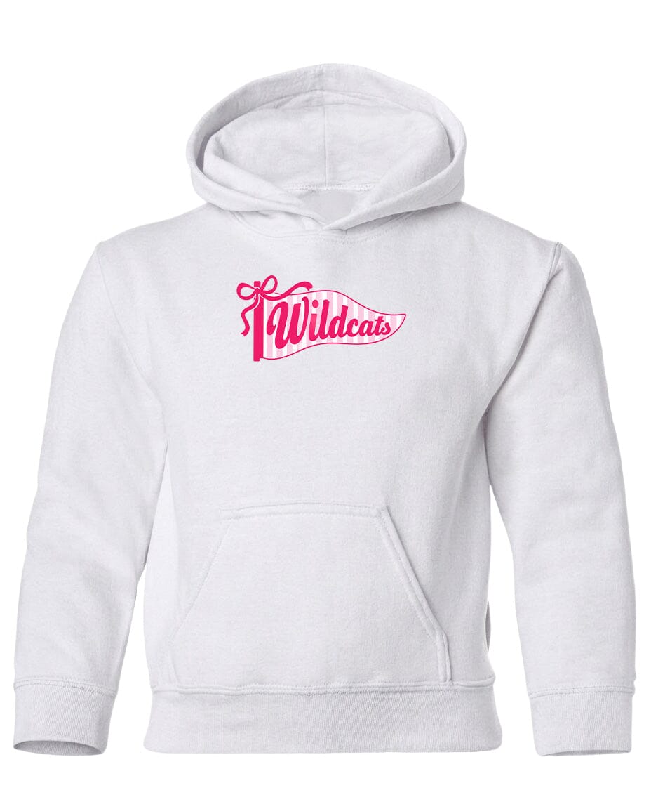 A white hoodie with a pink logo on the front.