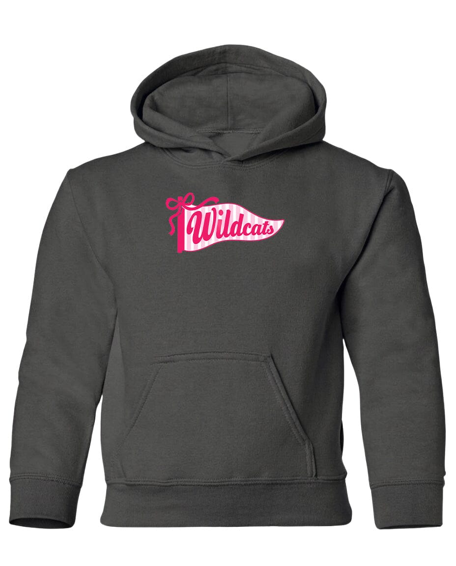 A gray hooded sweatshirt with a pink banner that says "Wildcats" on the front.