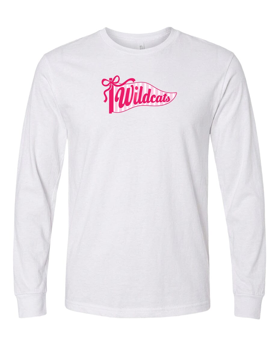 A white long-sleeved t-shirt with a pink graphic design on the front.