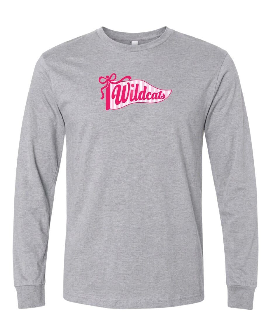 A gray long-sleeved t-shirt with a pink and white graphic design on the front.