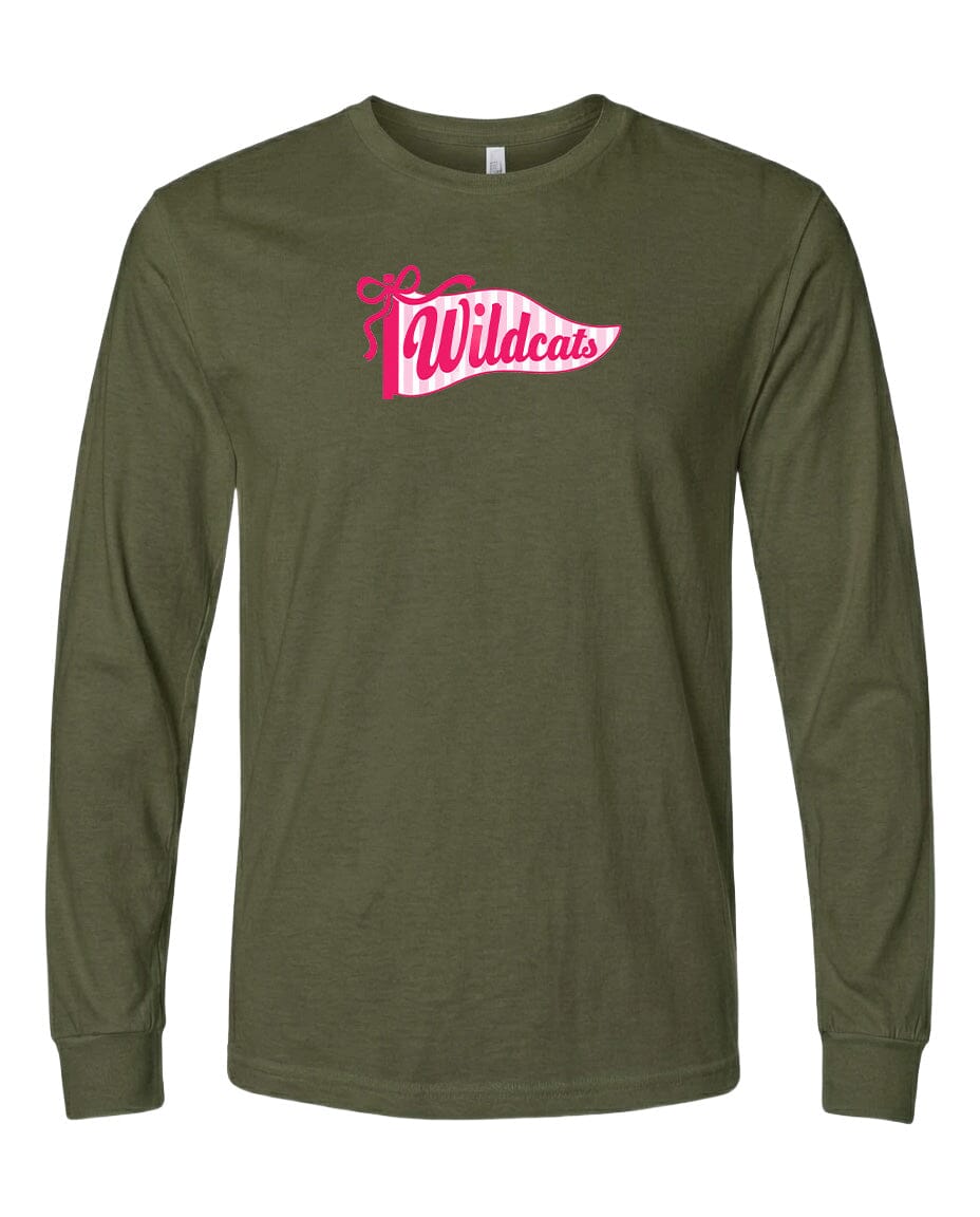 A long-sleeved olive green t-shirt with a pink and white banner design featuring the text "Wildcats" printed on it.