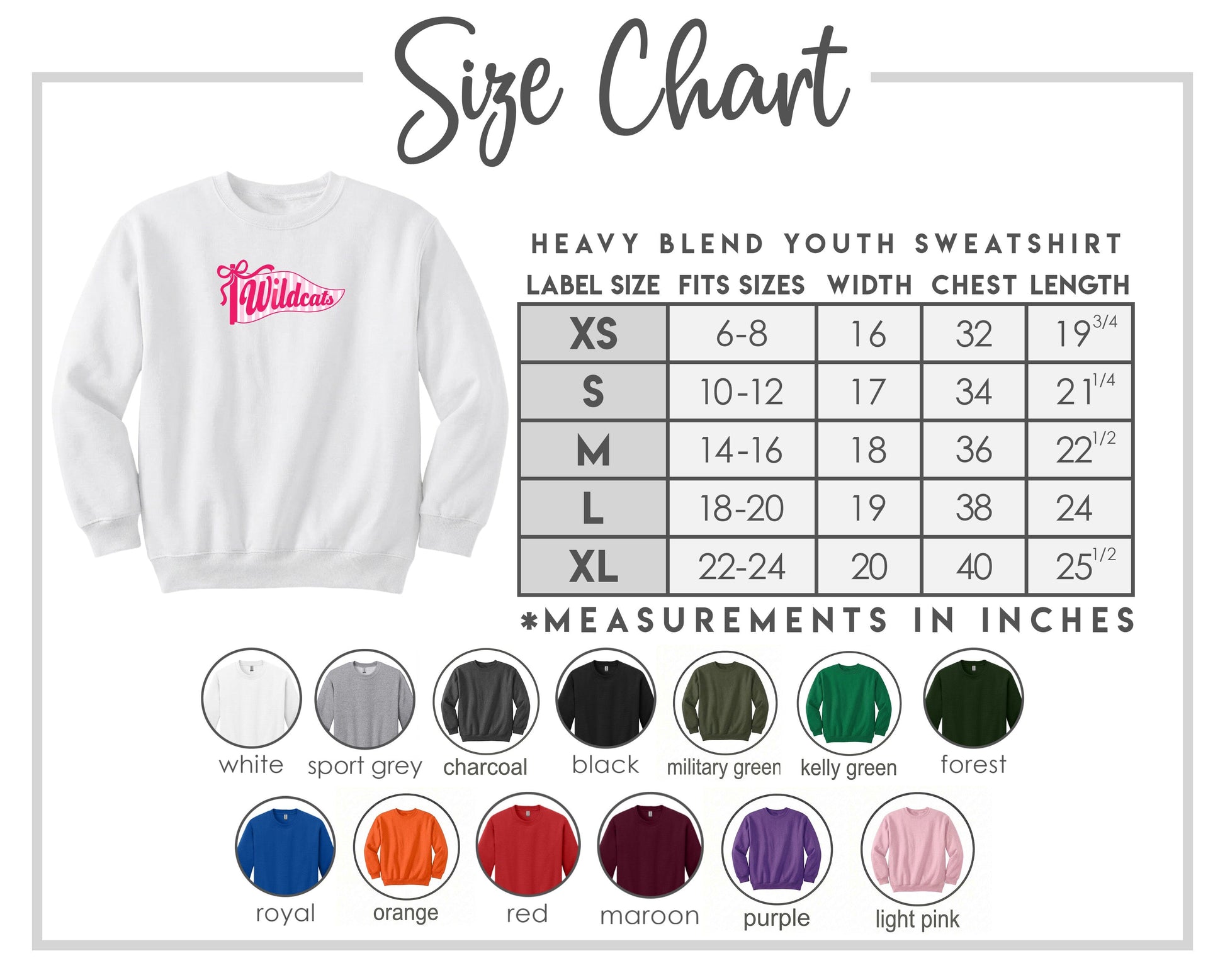 The image is a size chart for a heavy blend youth sweatshirt, including various color options and corresponding measurements in inches.