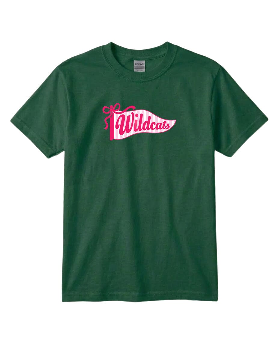 A green t-shirt with a pink banner that says "Wildcats" printed on it.
