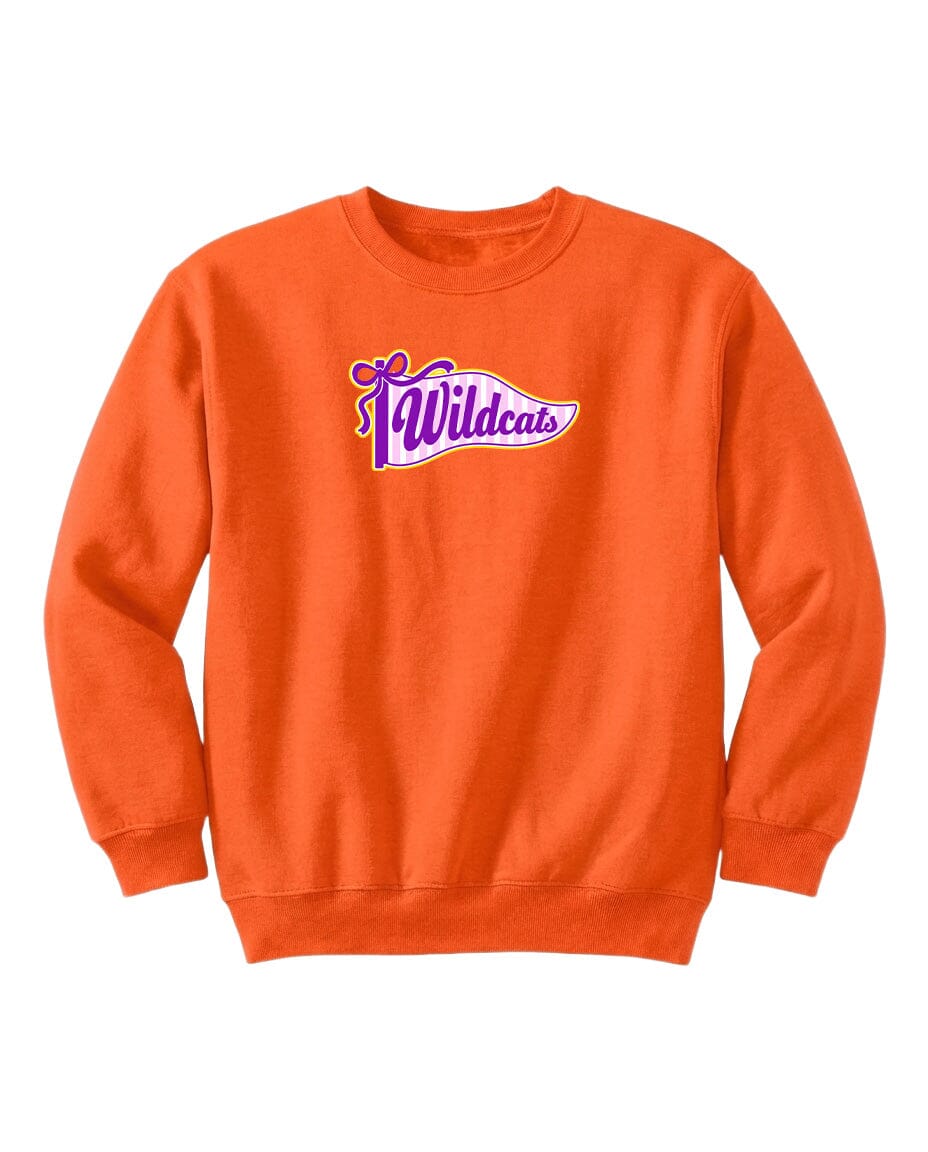 An orange sweatshirt with a purple and white logo on the front.