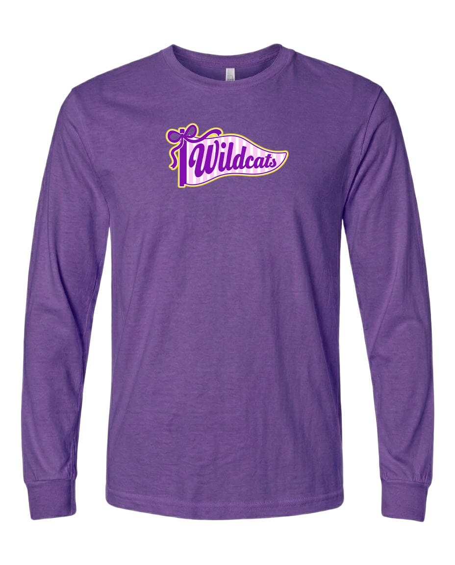 A purple long-sleeved t-shirt with a graphic design featuring the text "Wildcats" in a stylized font.