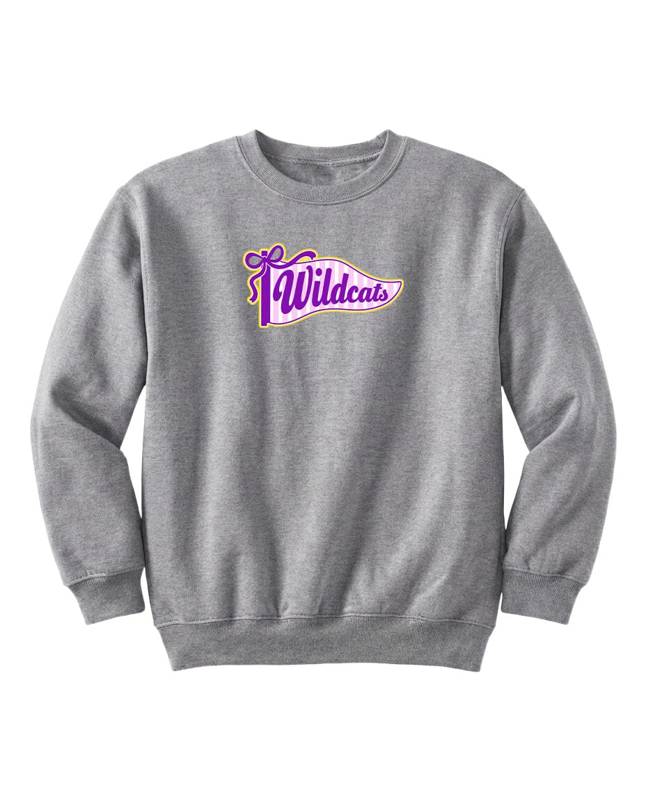 A gray sweatshirt with a purple and pink logo that says "Wildcats".