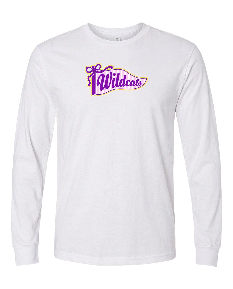 A white long-sleeved t-shirt with a purple and yellow graphic design on the front.