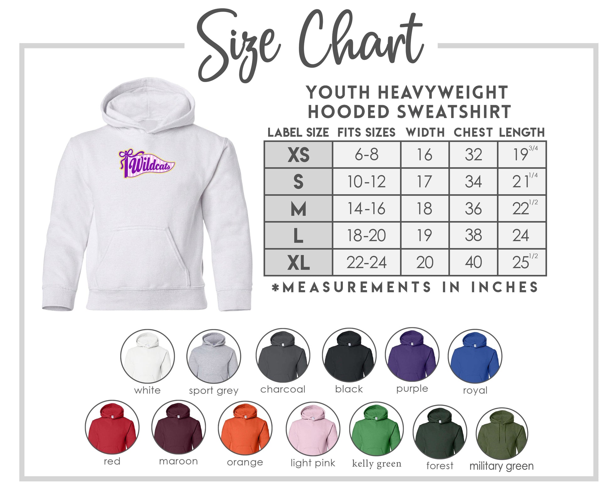 The image is a size chart for a youth heavyweight hooded sweatshirt, providing measurements for different age groups and sizes.