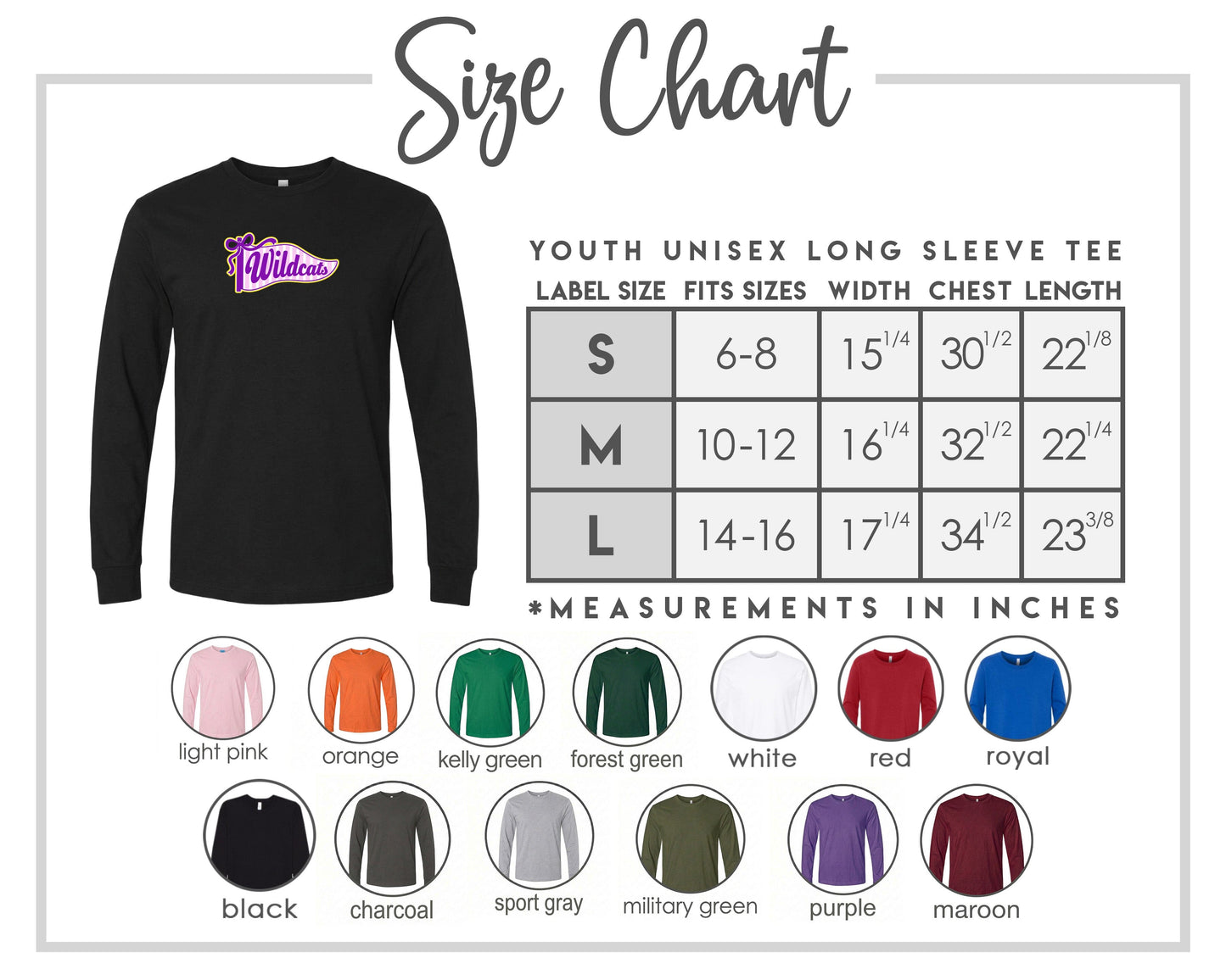 The image is a size chart for a youth unisex long sleeve tee, providing measurements for different age groups and sleeve length.