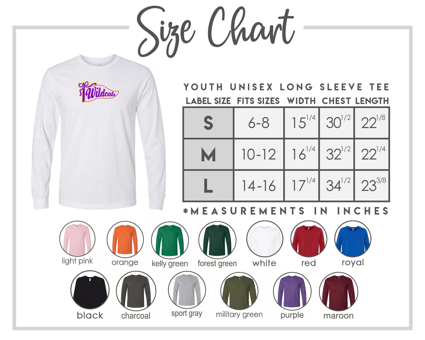 The image is a size chart for a youth unisex long sleeve tee, including various color options and corresponding measurements.