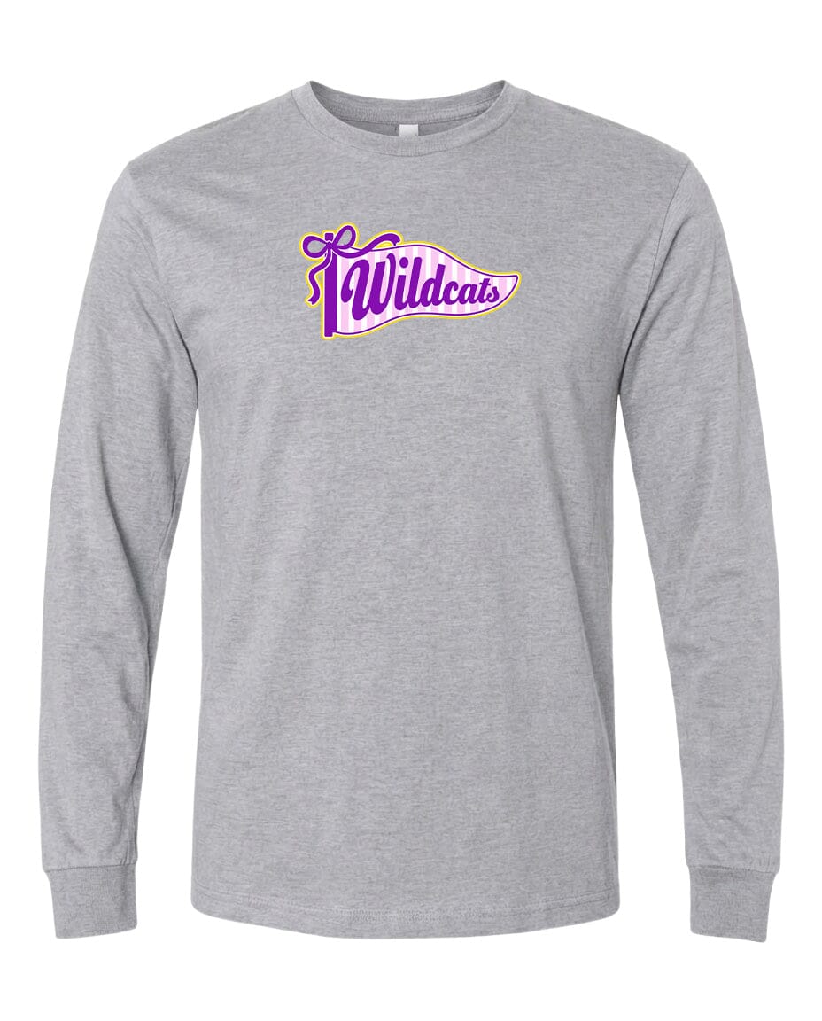 A gray long-sleeved t-shirt with a graphic design featuring the text "Wildcats" in purple and yellow colors.