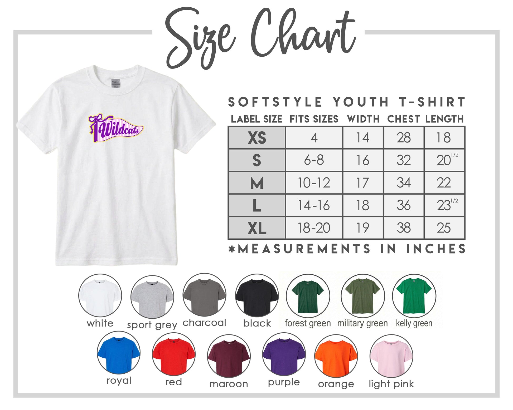 The image is a size chart for a softstyle youth t-shirt, providing measurements for different sizes and corresponding t-shirt colors.