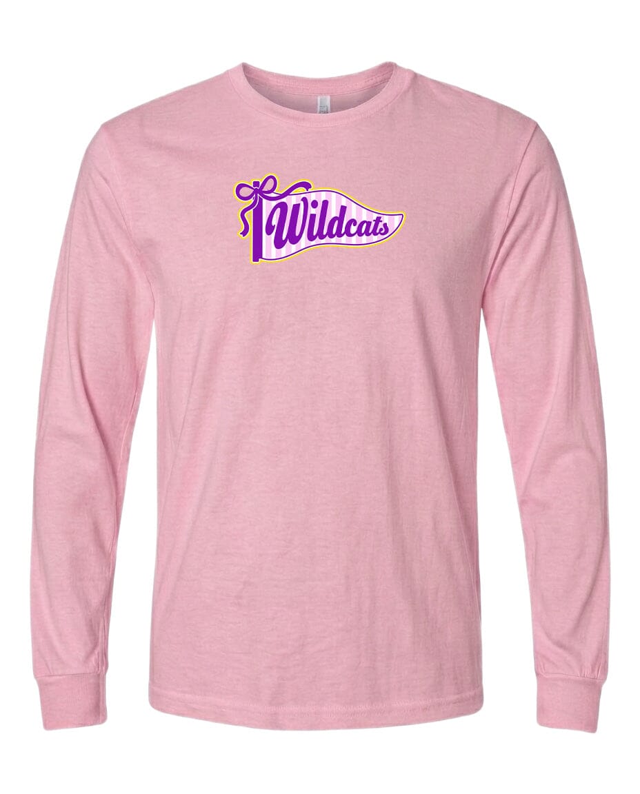 A pink long-sleeved t-shirt with a purple and yellow graphic design on the front.