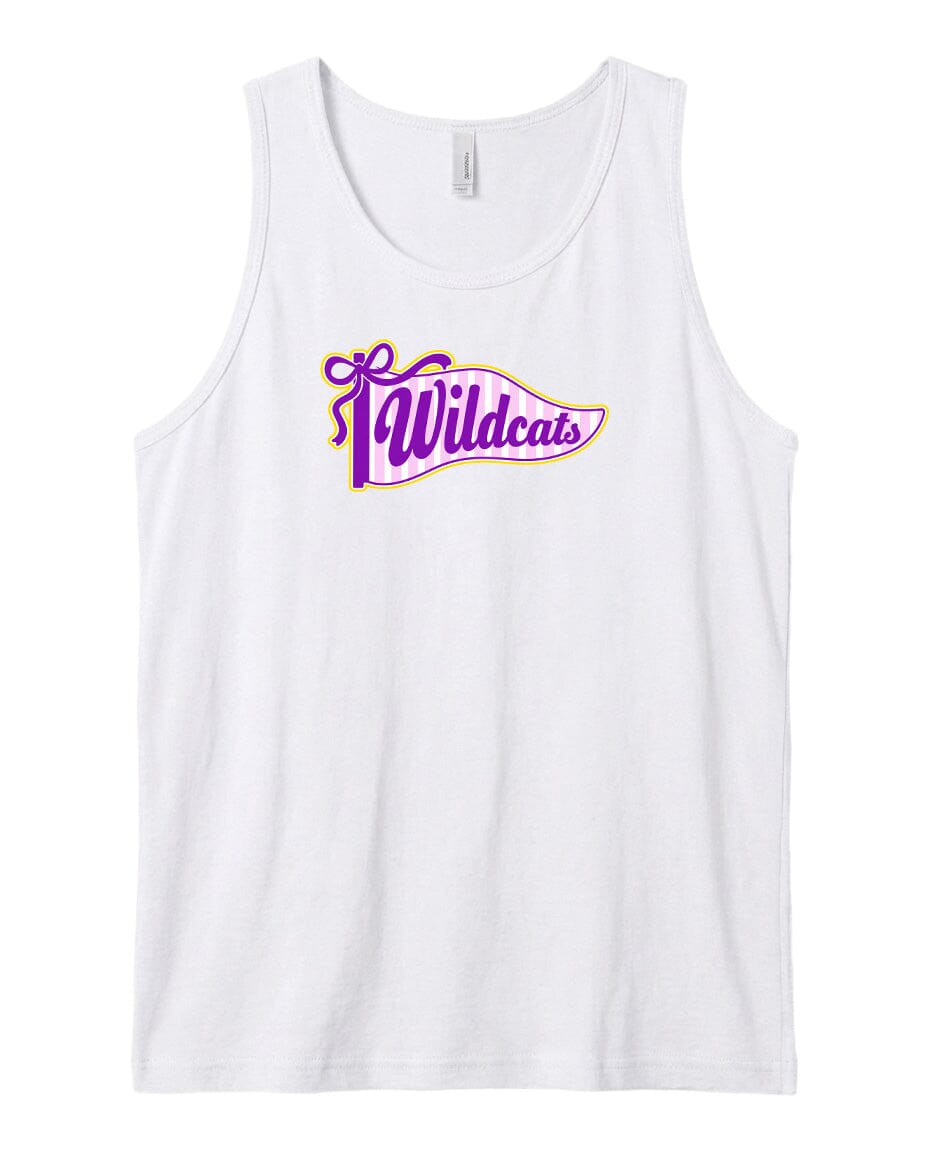 A white tank top with a purple and yellow graphic design featuring the word "Wildcats" on it.