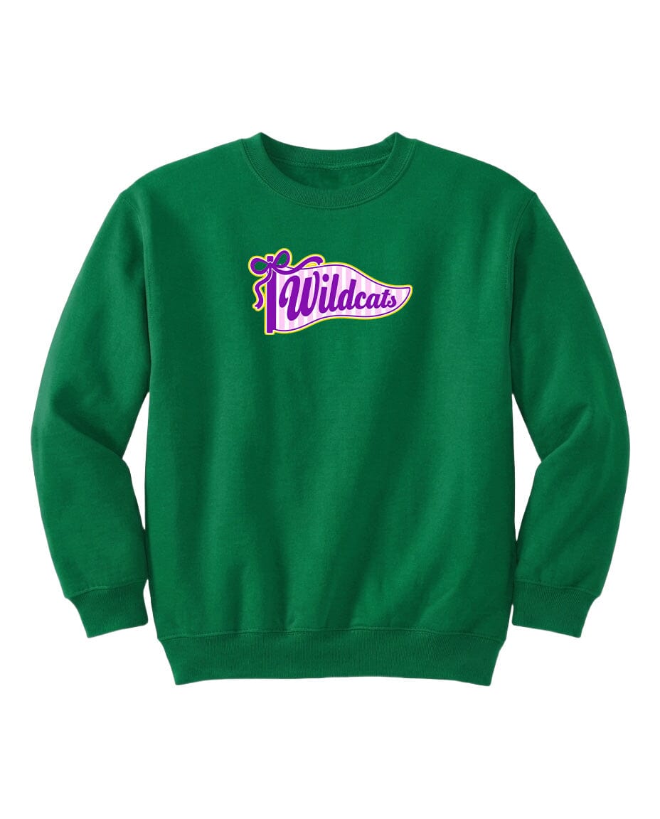 A green sweatshirt with a purple and white logo that says "Wildcats".