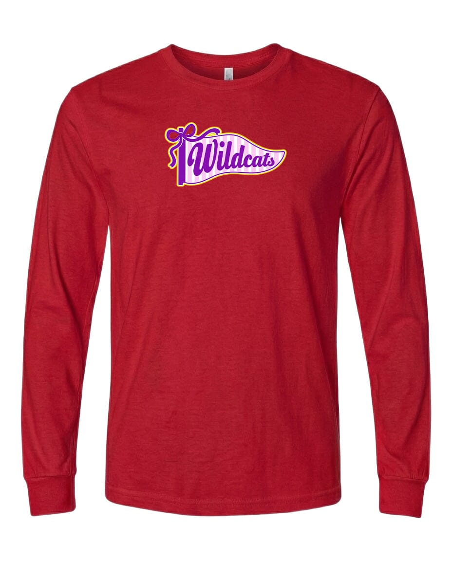 A red long-sleeved t-shirt with a purple and white logo that says "Wildcats".