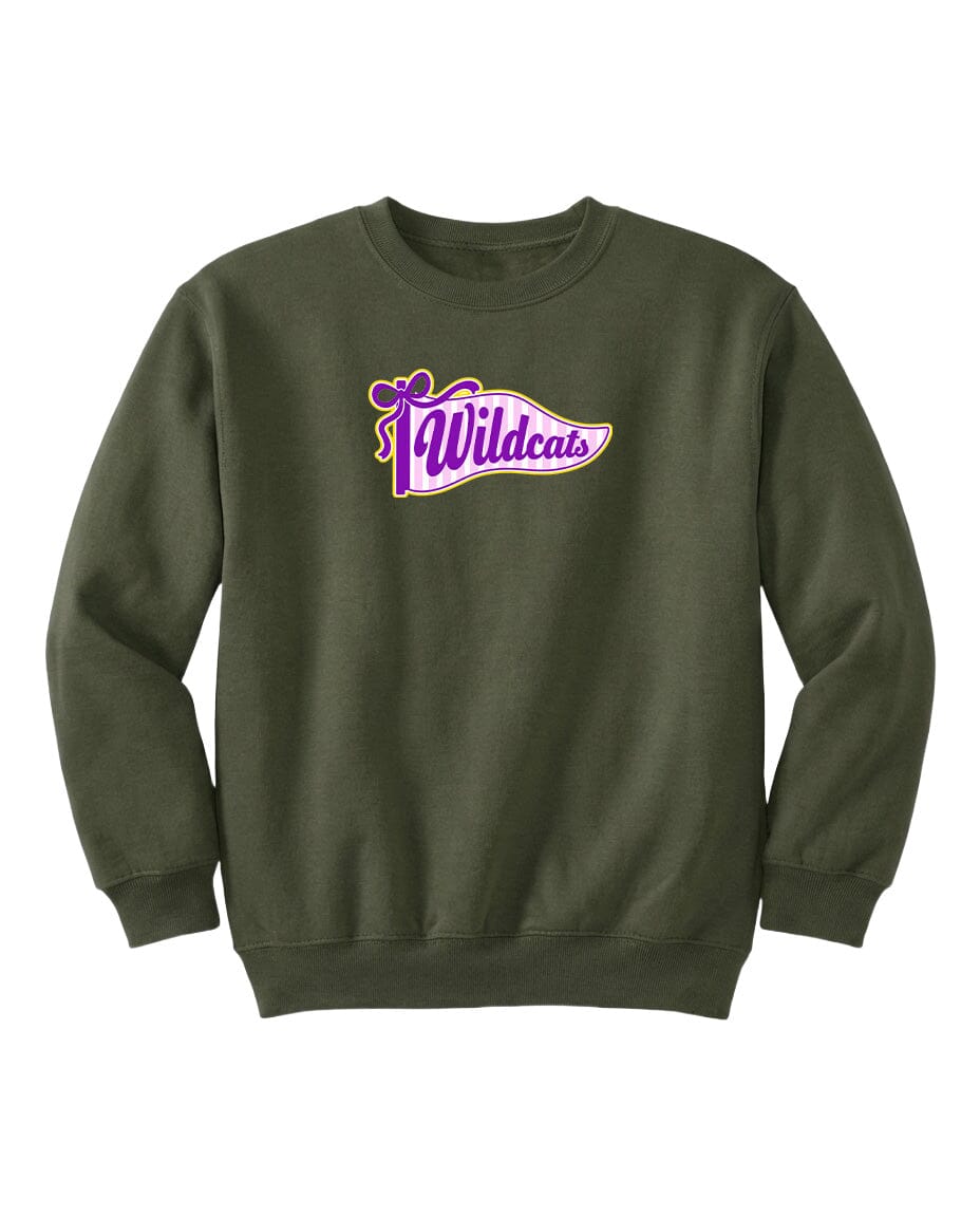 A dark green sweatshirt with a purple and white logo on the front.