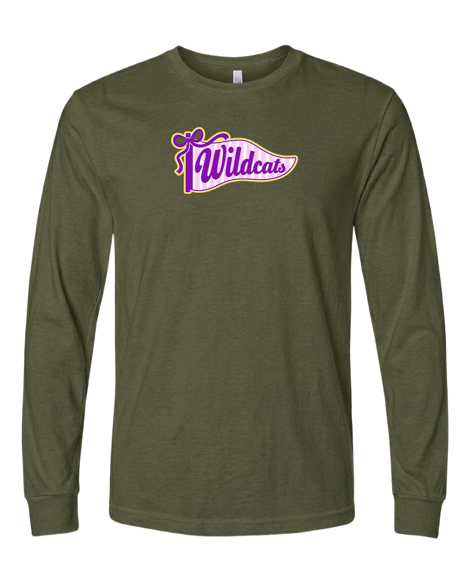 A long-sleeved olive green t-shirt with a purple and yellow graphic design on the front.