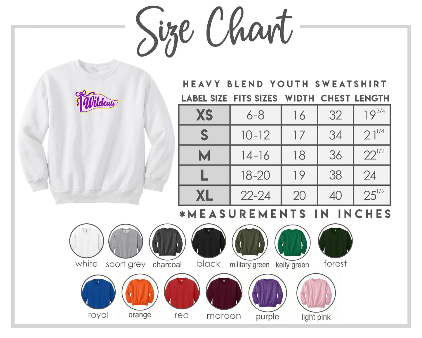 The image is a size chart for a heavy blend youth sweatshirt, including various color options and corresponding measurements in inches.