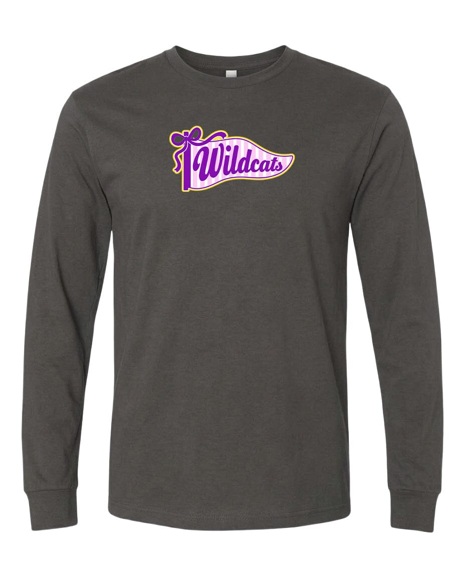 A gray long-sleeved t-shirt with a purple and yellow graphic design on the front.