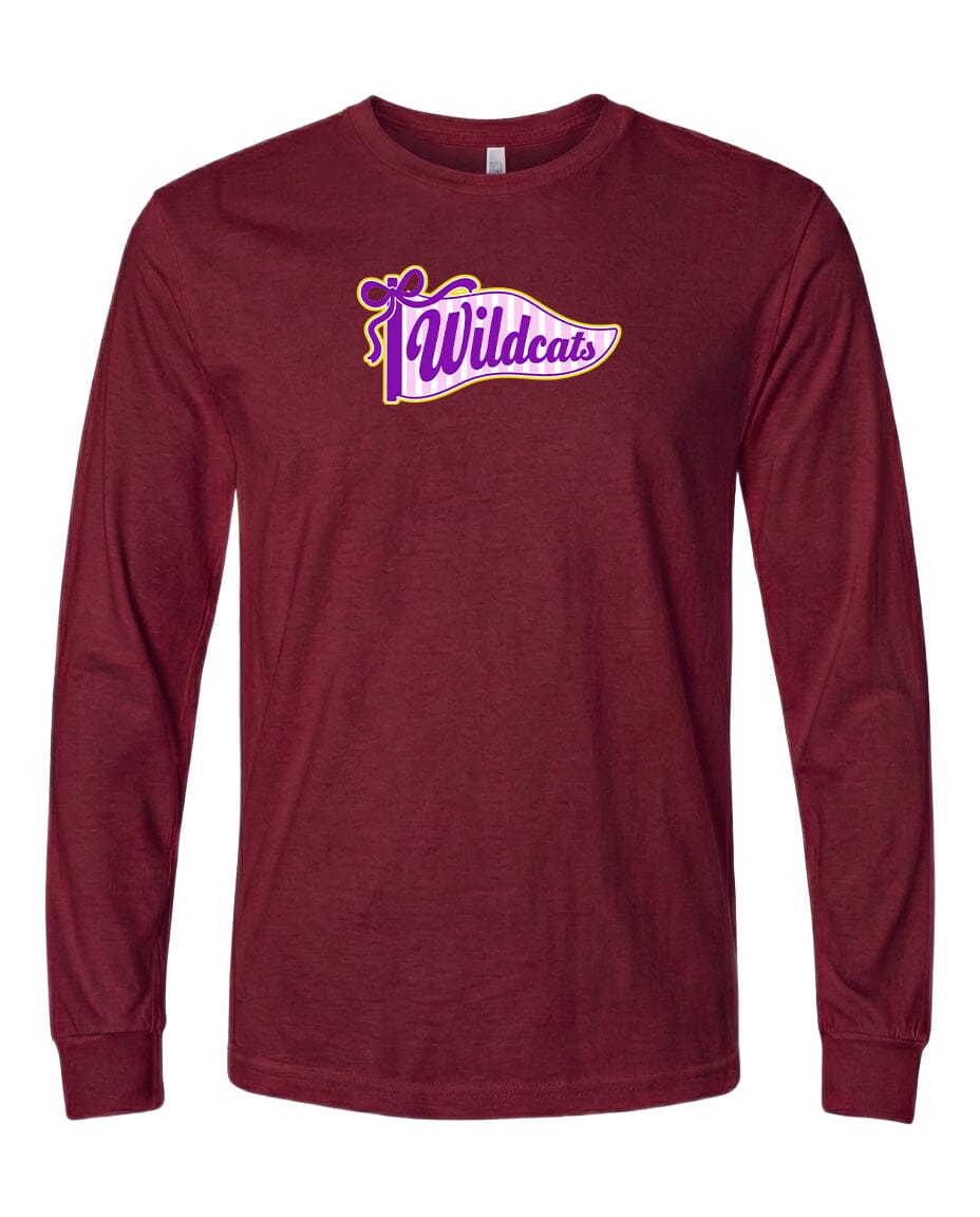 A burgundy long-sleeved t-shirt with a purple and yellow logo that says "Wildcats".