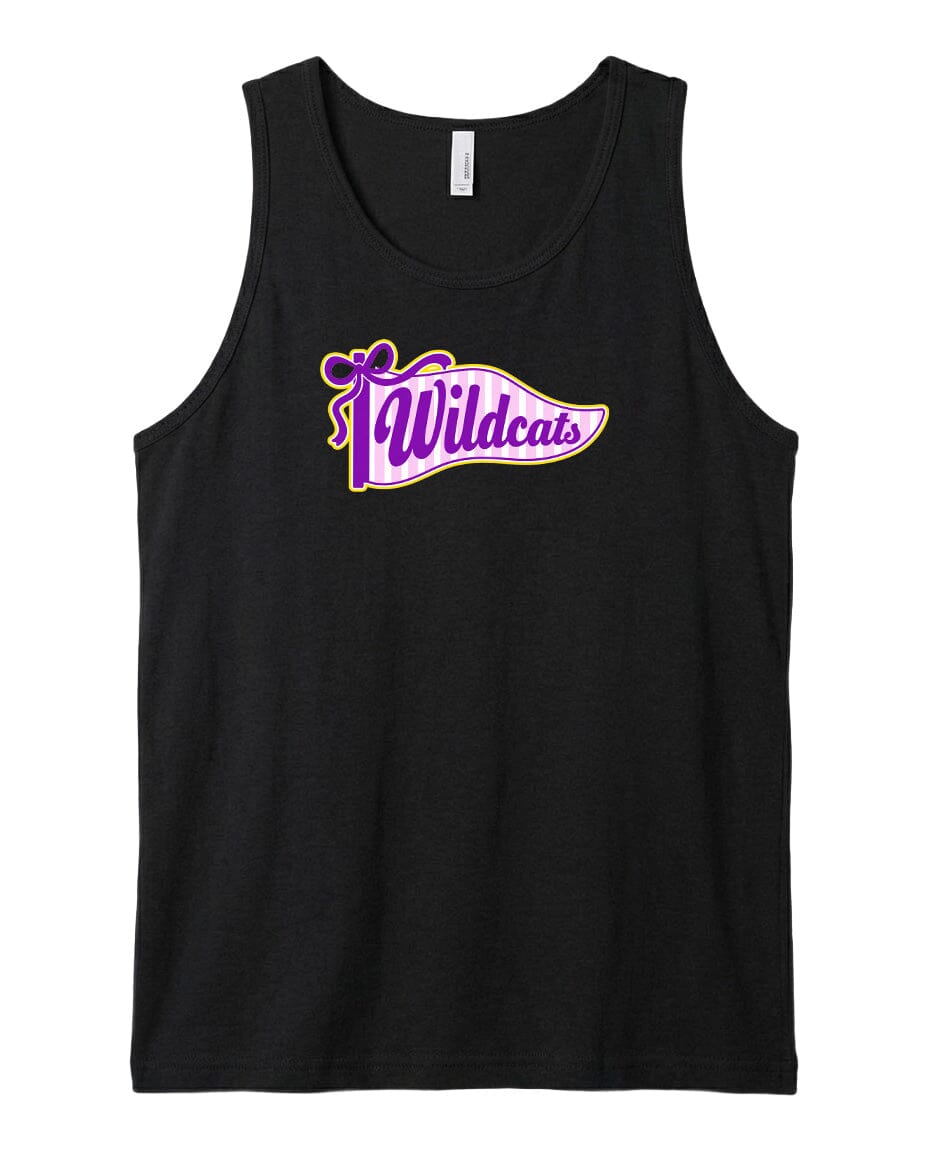 A black tank top with a purple and yellow graphic design on it.