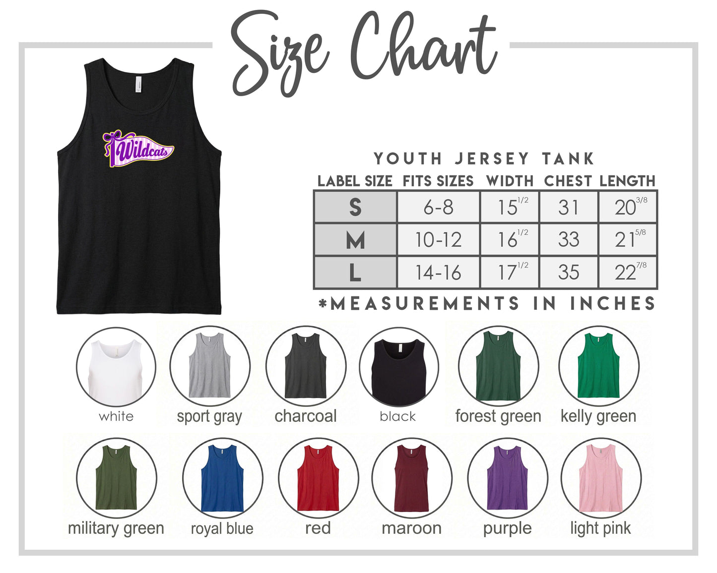 The image is a size chart for a youth jersey tank, displaying various label sizes and corresponding chest measurements. The chart includes a black tank with a purple and pink logo, and it provides a visual guide for selecting the appropriate size based on the chest measurements.