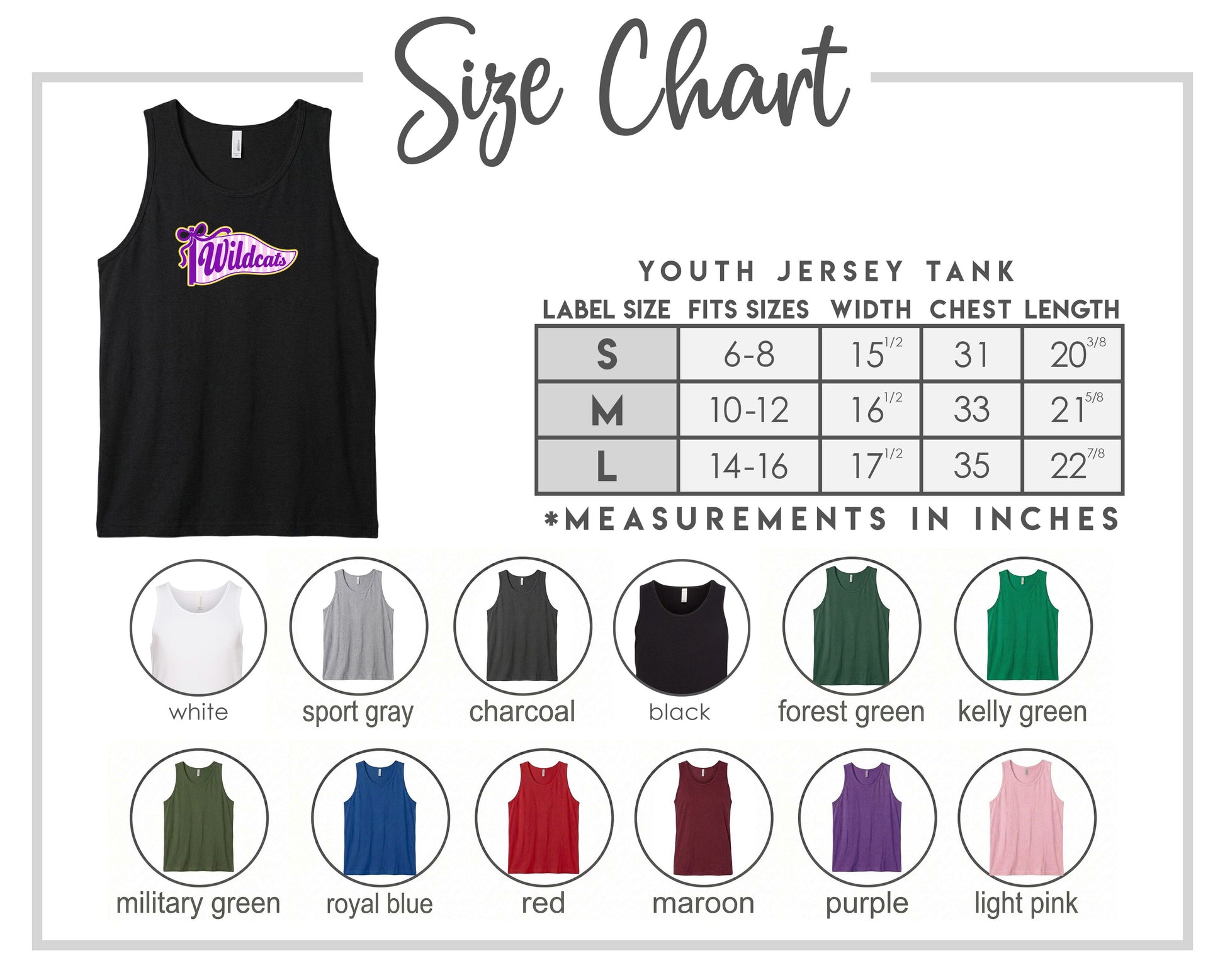 The image is a size chart for a youth jersey tank, displaying various label sizes and corresponding chest measurements. The chart includes a black tank with a purple and pink logo, and it provides a visual guide for selecting the appropriate size based on the chest measurements.
