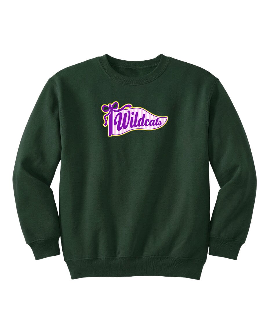 A dark green sweatshirt with a purple and white logo on the front.