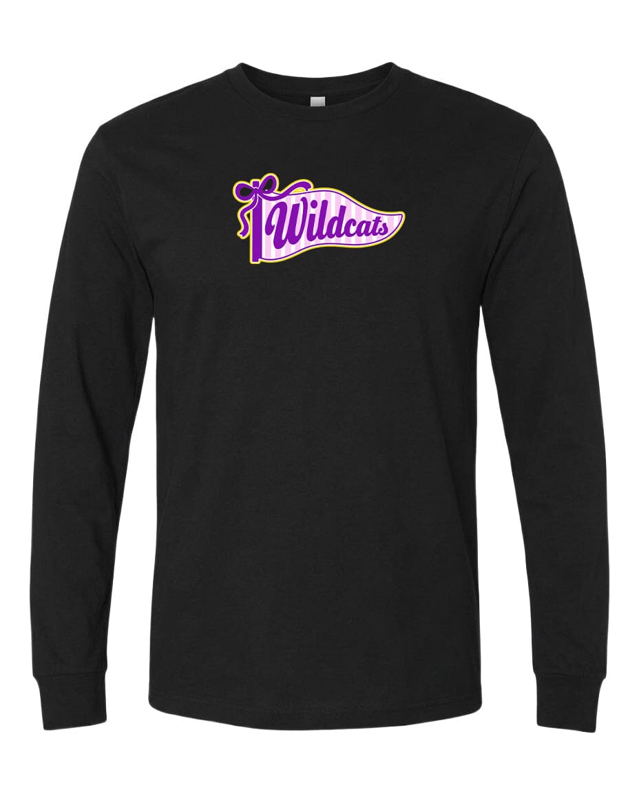 A black long-sleeved shirt with a purple and yellow logo that says "Wildcats".