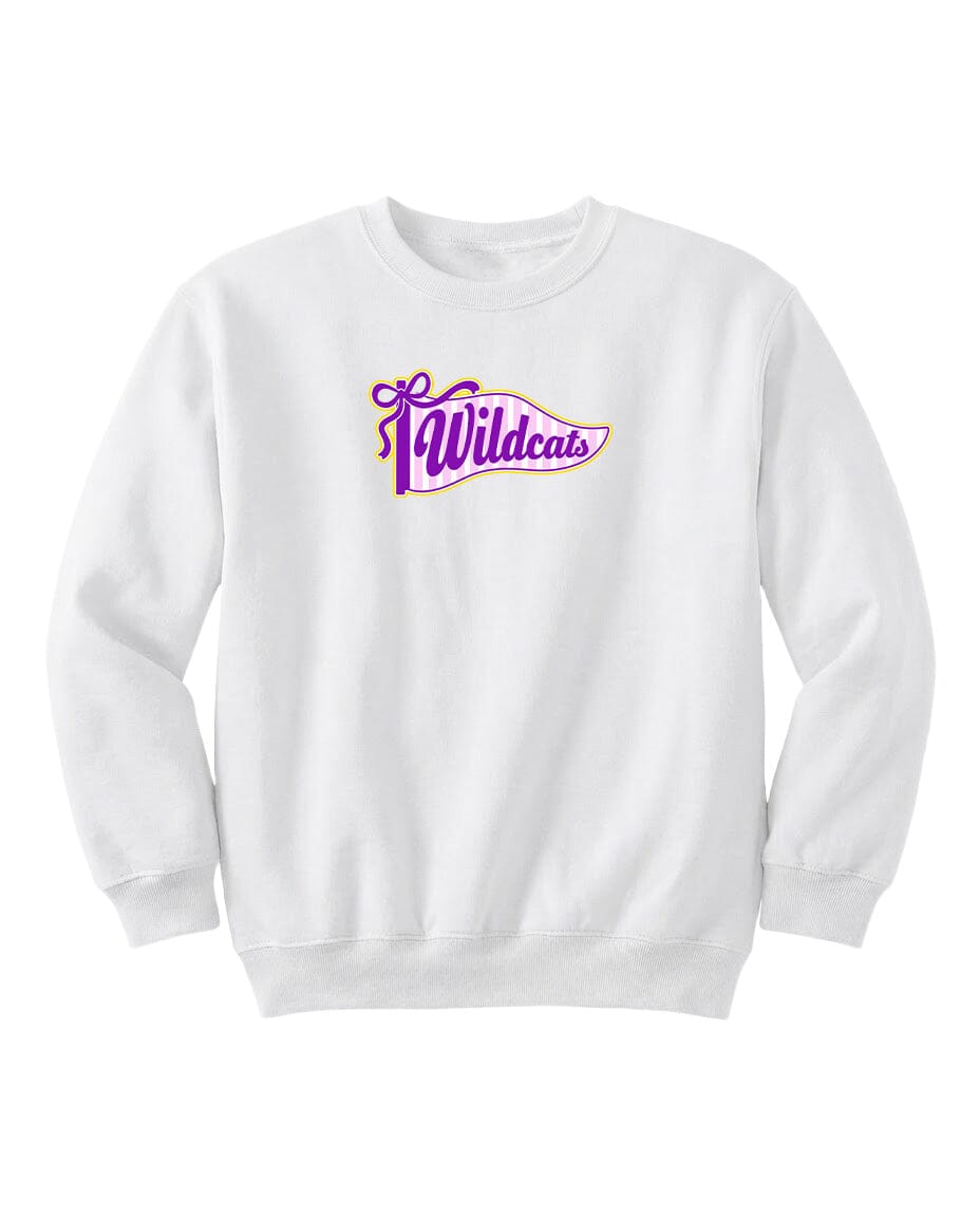A white sweatshirt with a purple and yellow logo that says "Wildcats".