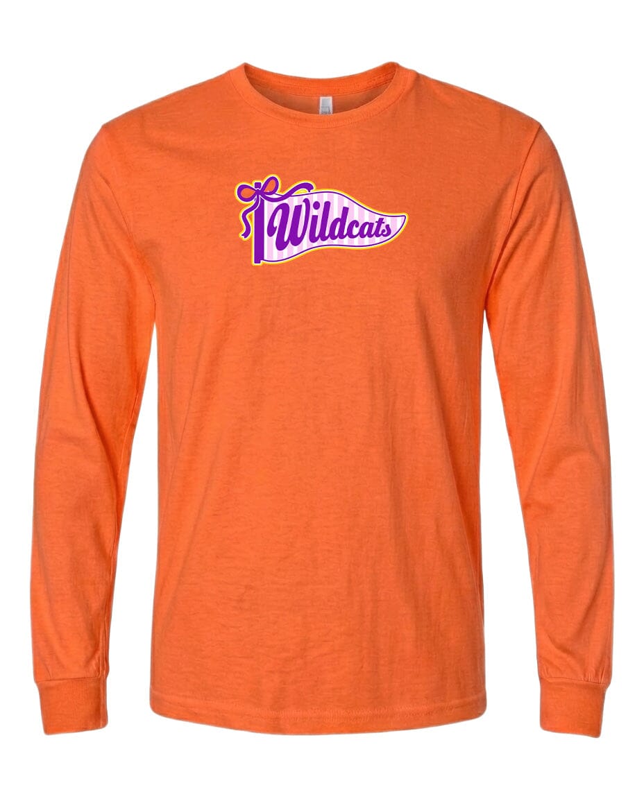 An orange long-sleeved t-shirt with a purple and white logo on the front.