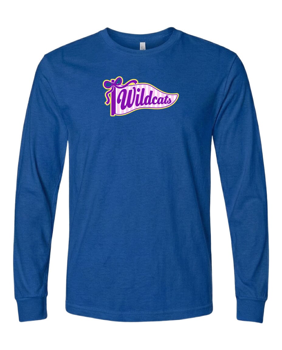 A long-sleeved blue t-shirt with a purple and yellow logo that says "Wildcats".
