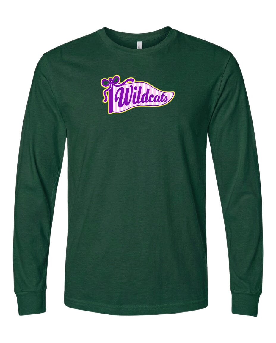 A dark green long-sleeved shirt with a purple and yellow logo on the front.