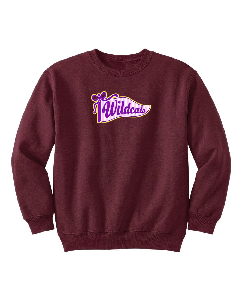 A burgundy-colored sweatshirt with a purple and white logo that says "Wildcats".