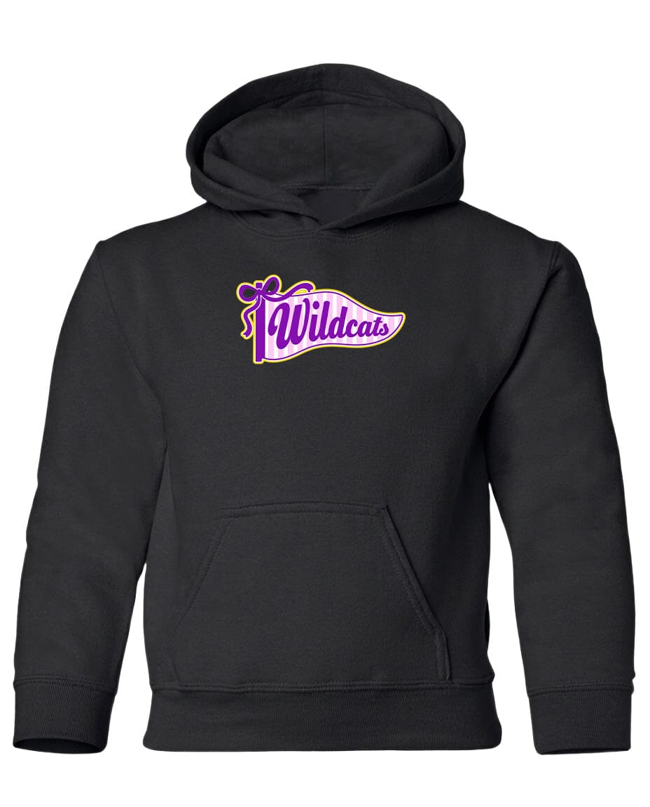 A black hooded sweatshirt with a purple and yellow logo on the front.