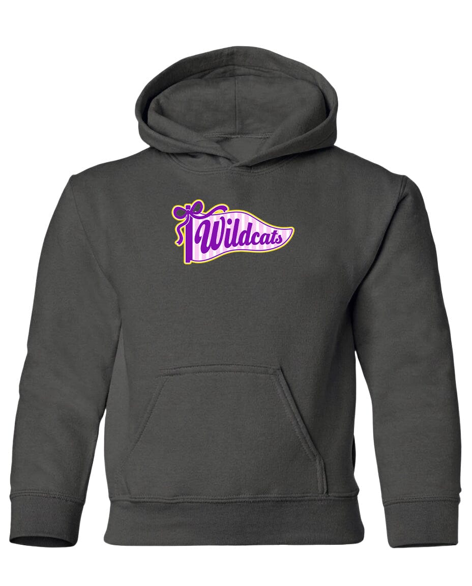 A gray hooded sweatshirt with a purple and yellow logo on the front.