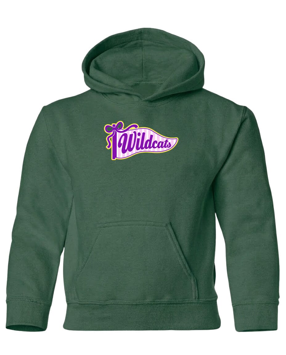 A green hoodie with a purple and yellow logo that says "Wildcats".