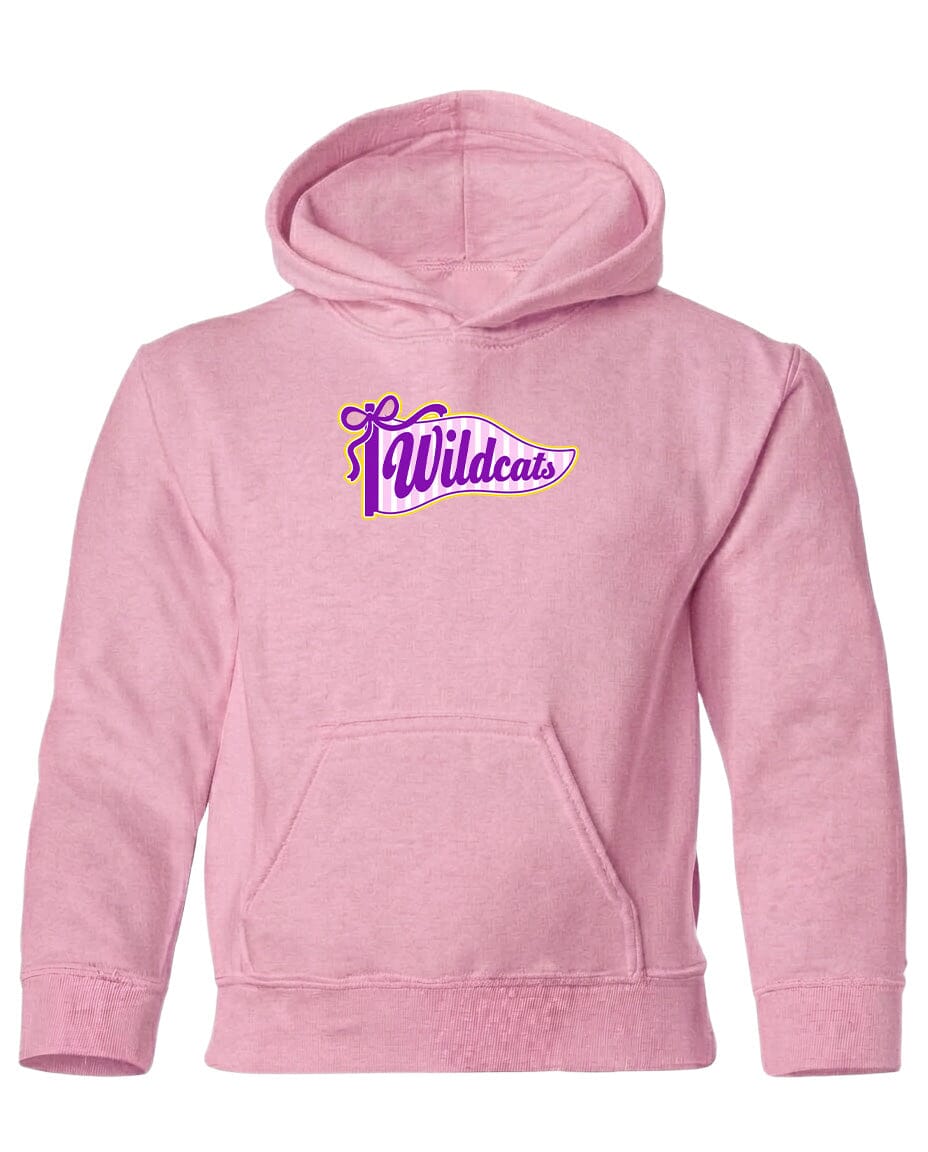 A pink hoodie with a graphic design featuring the word "Wildcats" in purple and yellow colors.