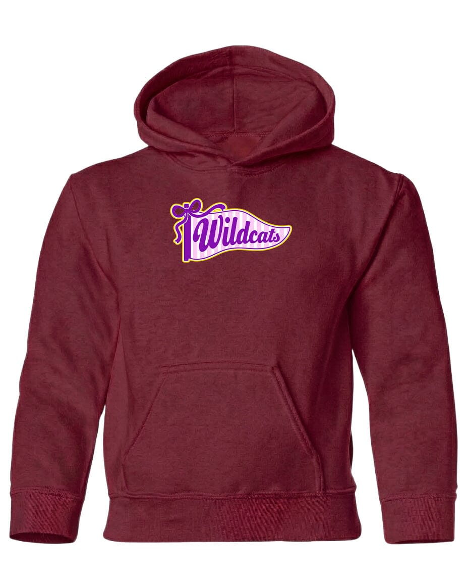 A burgundy-colored hooded sweatshirt with a graphic design on the front.