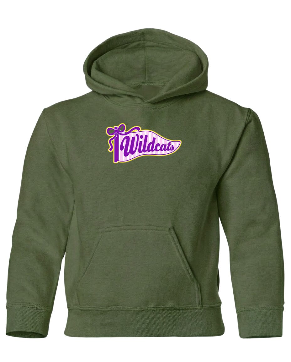 A green hoodie with a purple and yellow logo that says "Wildcats".